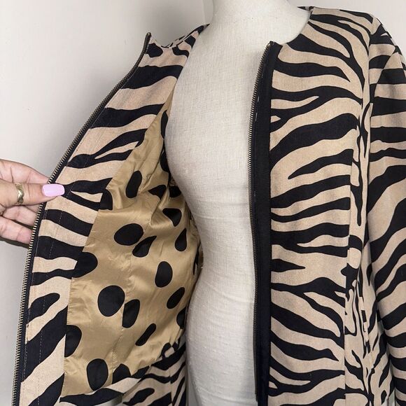 CHICOS Jacket Size 2 Black Brown Zebra Stripe Animal Print Zip Front Long Sleeve - Picture 8 of 9